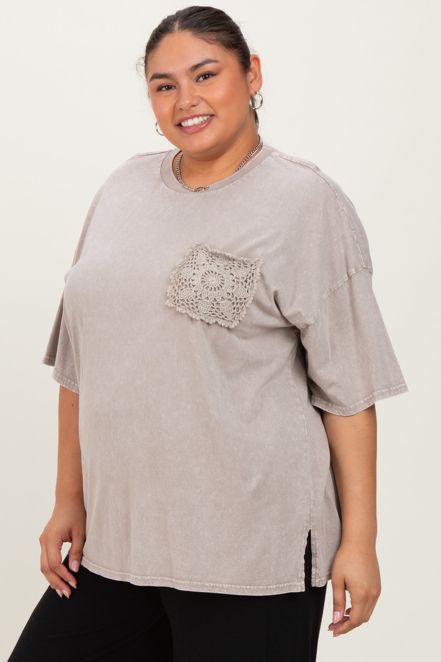 Taupe Mineral Wash Crochet Pocket Plus Top