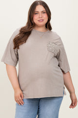 Taupe Mineral Wash Crochet Pocket Maternity Plus Top
