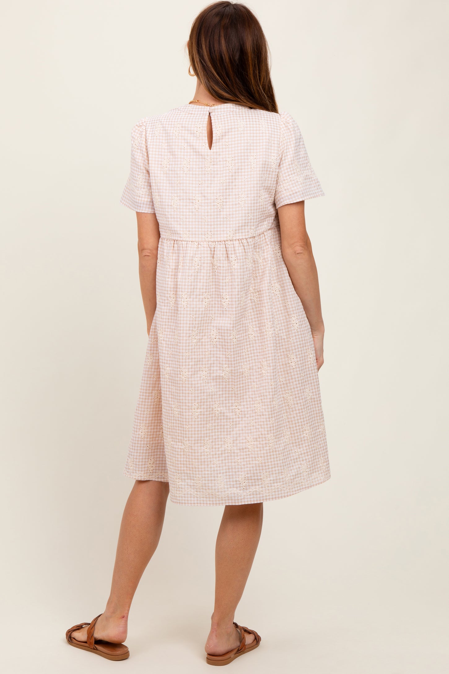 Beige Gingham Short Sleeve Dress Beige Gingham Short Sleeve Dress