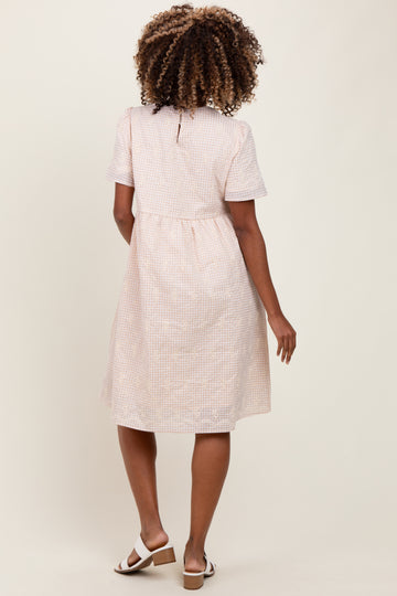 Beige Gingham Short Sleeve Maternity Dress