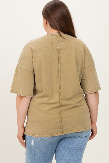 Light Olive Mineral Wash Crochet Pocket Maternity Plus Top