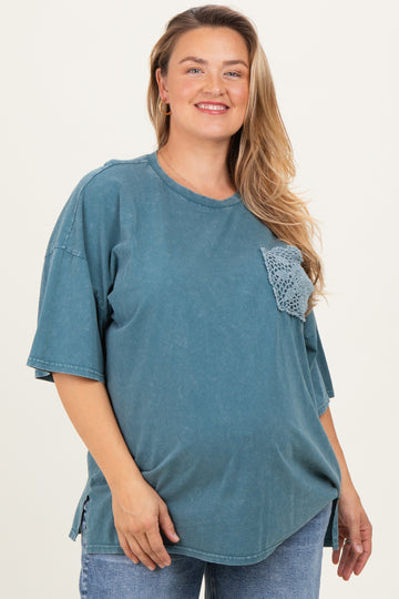 Deep Teal Mineral Wash Crochet Pocket Maternity Plus Top