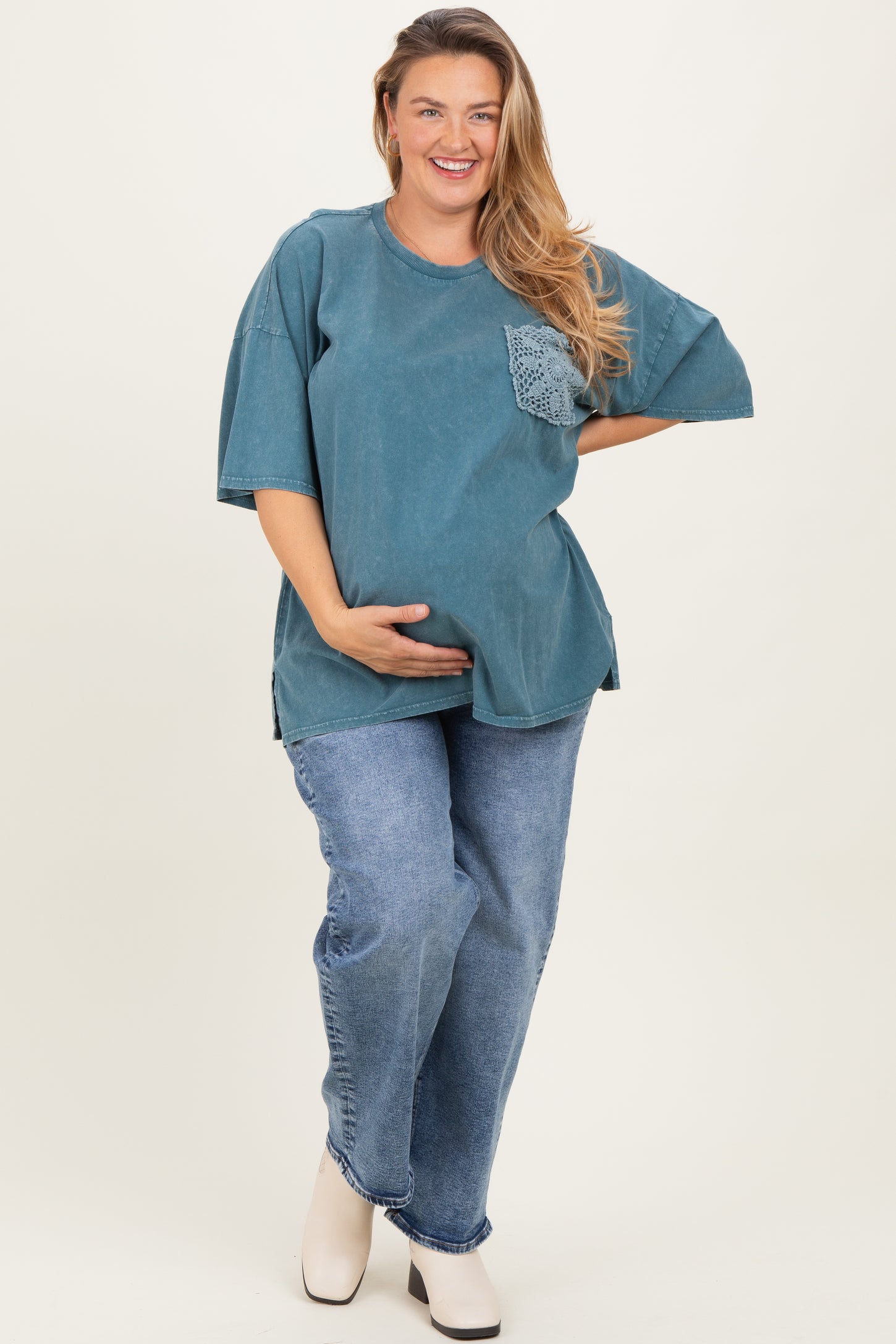 Deep Teal Mineral Wash Crochet Pocket Maternity Plus Top