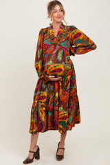 Brown Paisley V-Neck Long Sleeve Tiered Maternity Maxi Dress