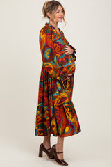 Brown Paisley V-Neck Long Sleeve Tiered Maternity Maxi Dress