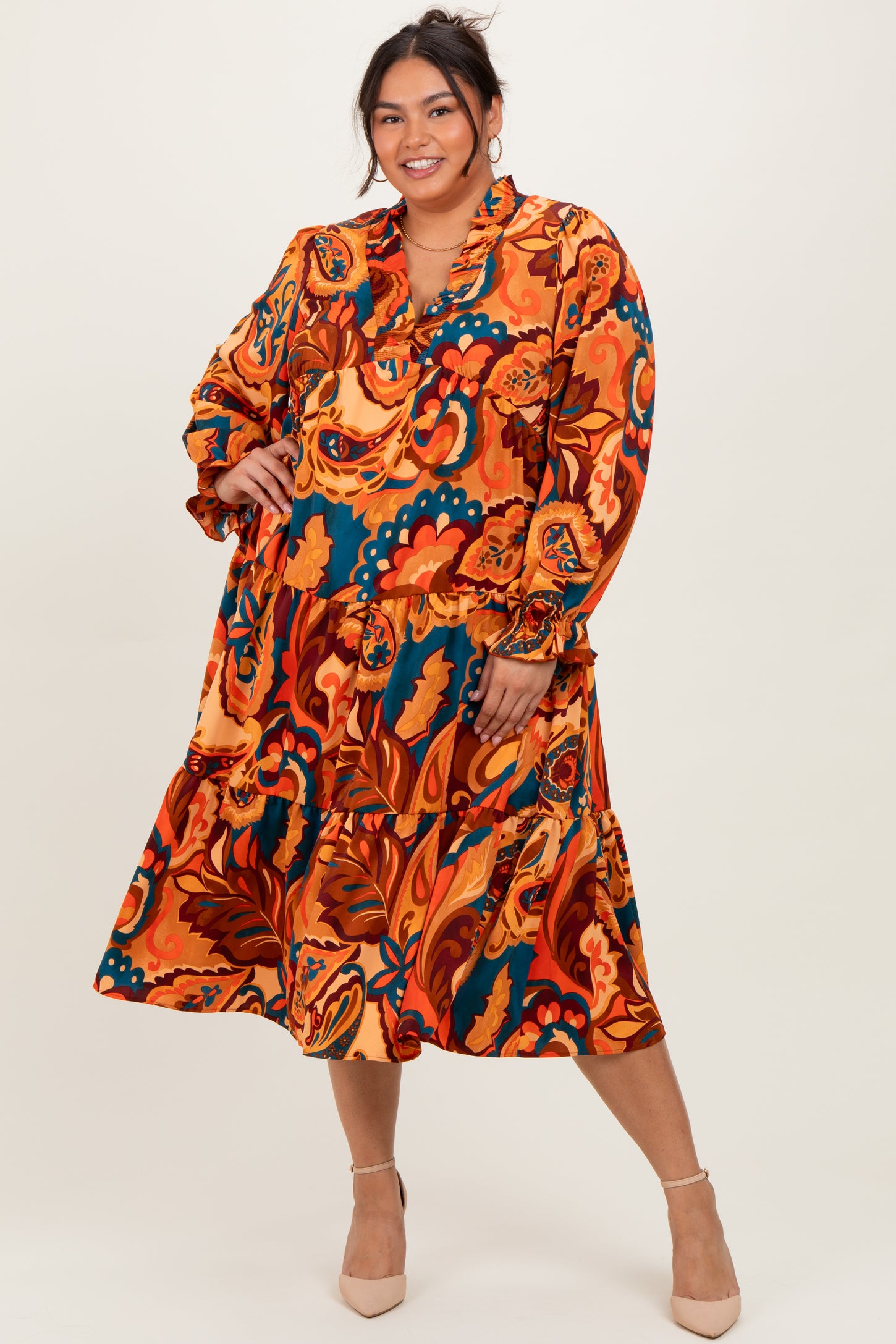Peach Paisley V-Neck Long Sleeve Tiered Plus Maxi Dress