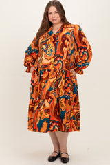 Peach Paisley V-Neck Long Sleeve Tiered Maternity Plus Maxi Dress