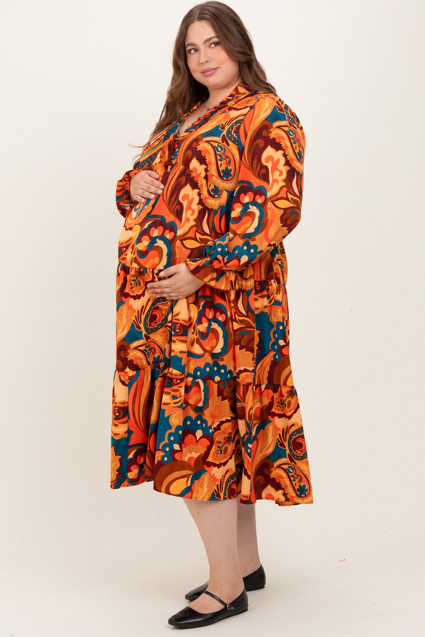 Peach Paisley V-Neck Long Sleeve Tiered Maternity Plus Maxi Dress