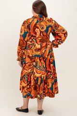 Peach Paisley V-Neck Long Sleeve Tiered Maternity Plus Maxi Dress