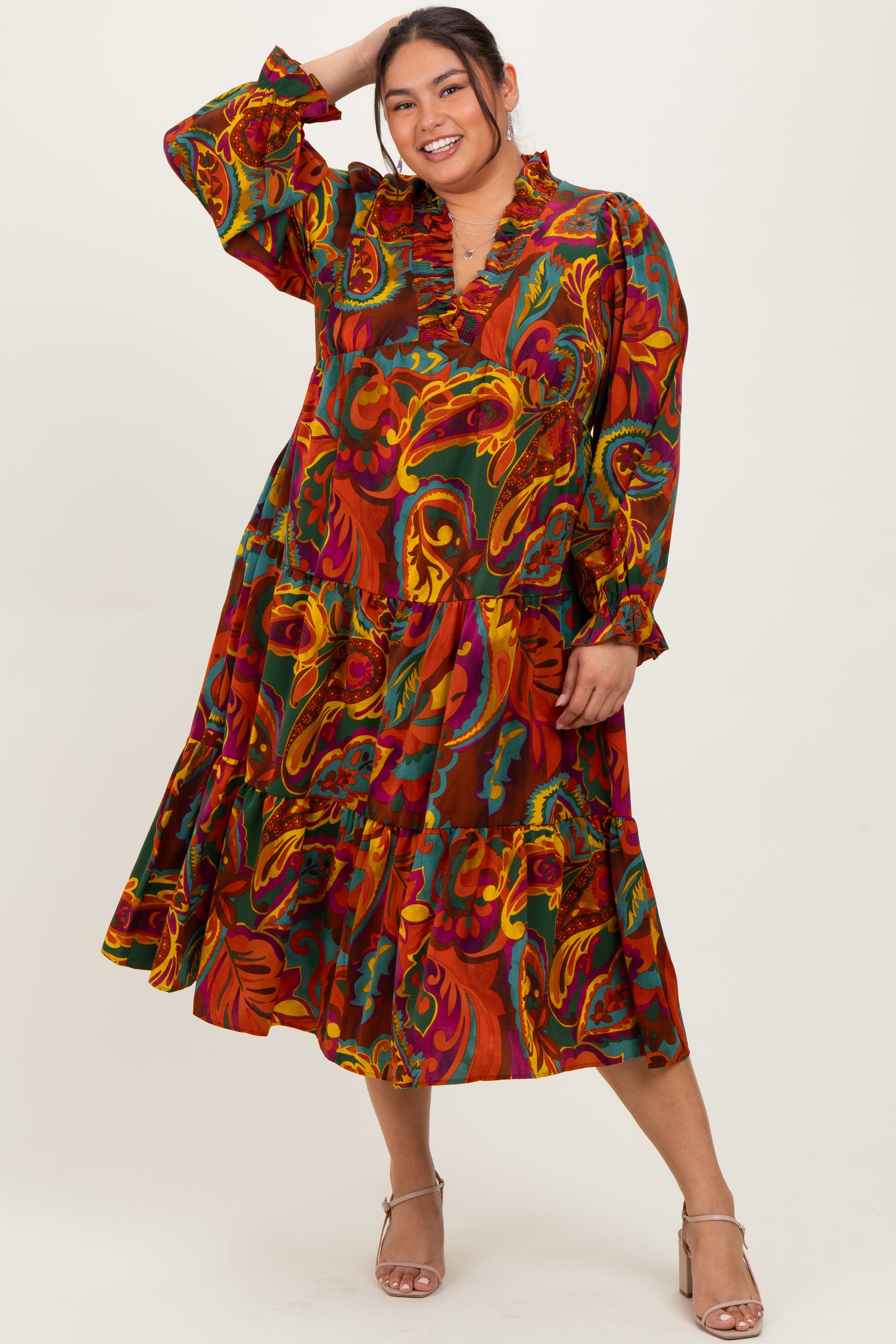 Brown Paisley V-Neck Long Sleeve Tiered Plus Maxi Dress Brown Paisley V-Neck Long Sleeve Tiered Plus Maxi Dress