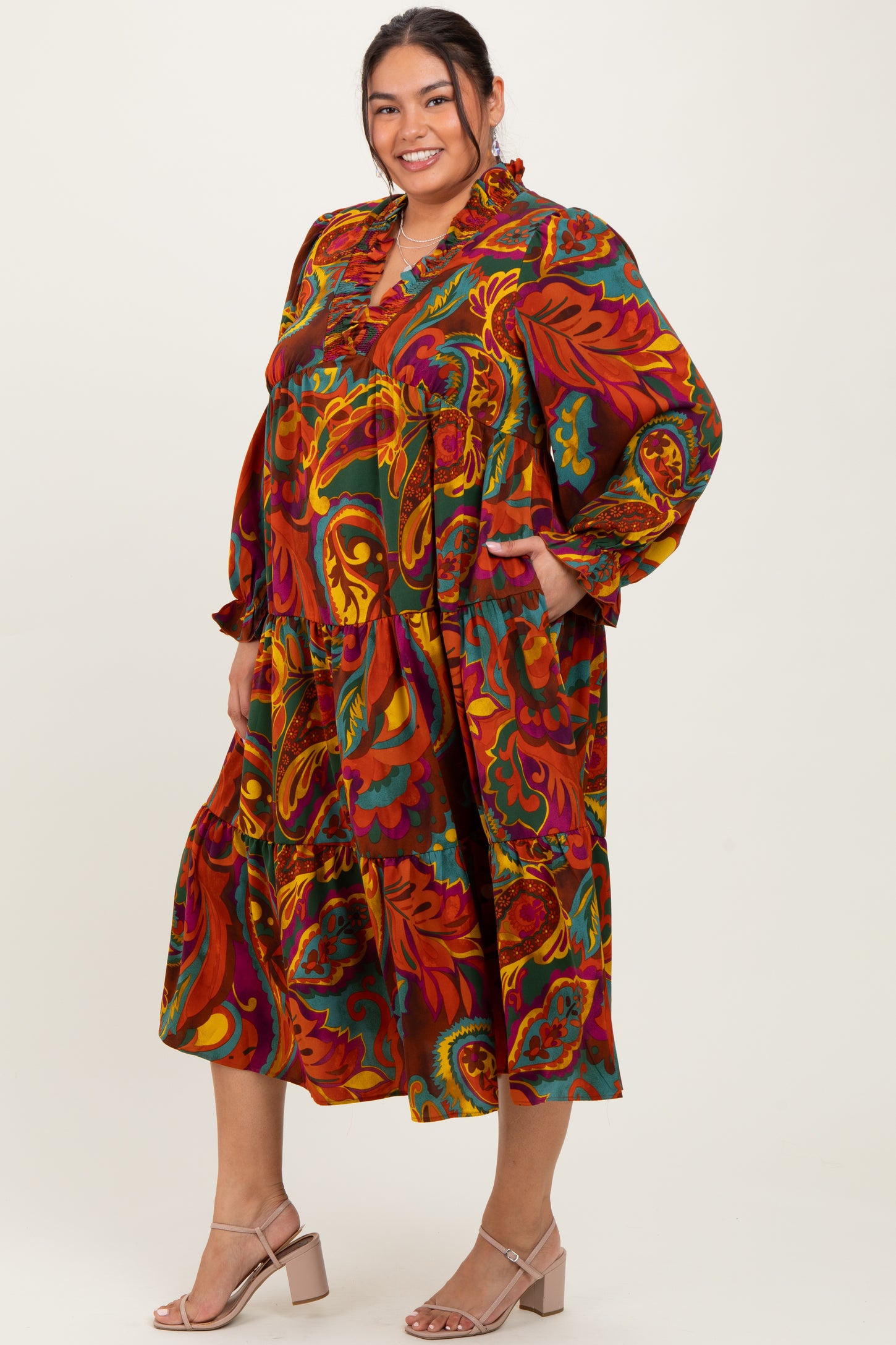 Brown Paisley V-Neck Long Sleeve Tiered Plus Maxi Dress