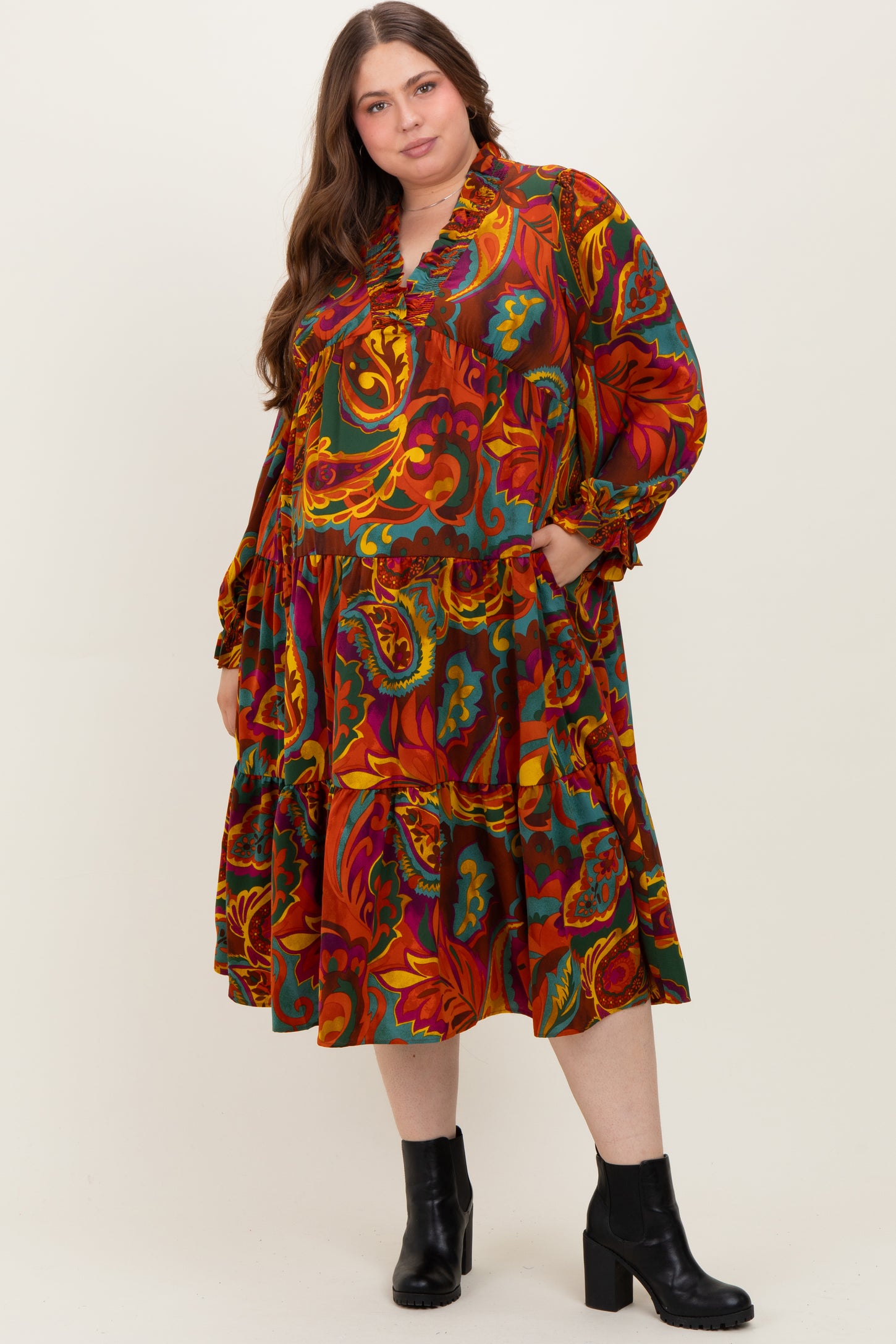 Brown Paisley V-Neck Long Sleeve Tiered Maternity Plus Maxi Dress
