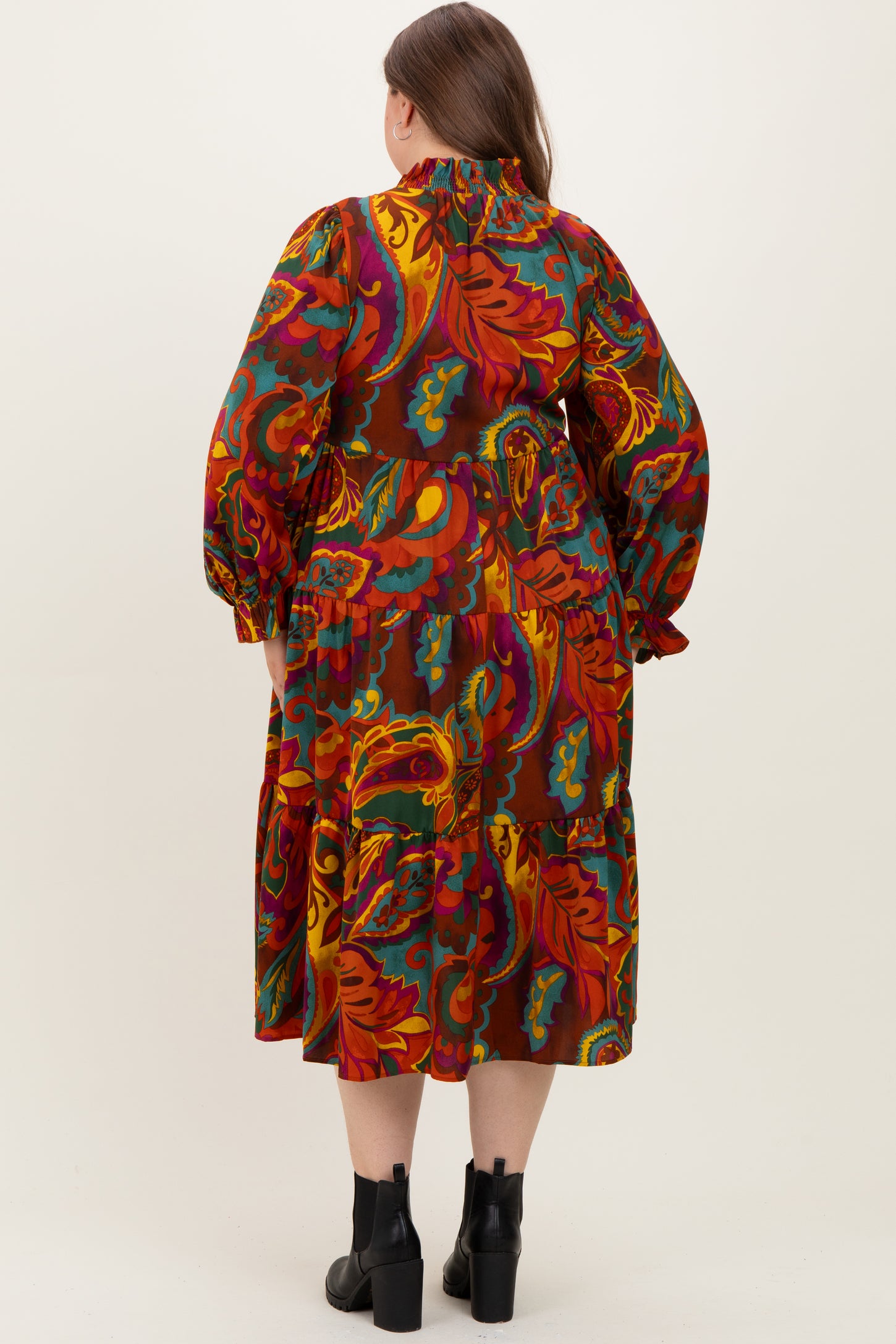 Brown Paisley V-Neck Long Sleeve Tiered Maternity Plus Maxi Dress