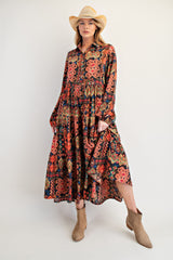 Black Printed Button Detail Tiered Maternity Midi Dress