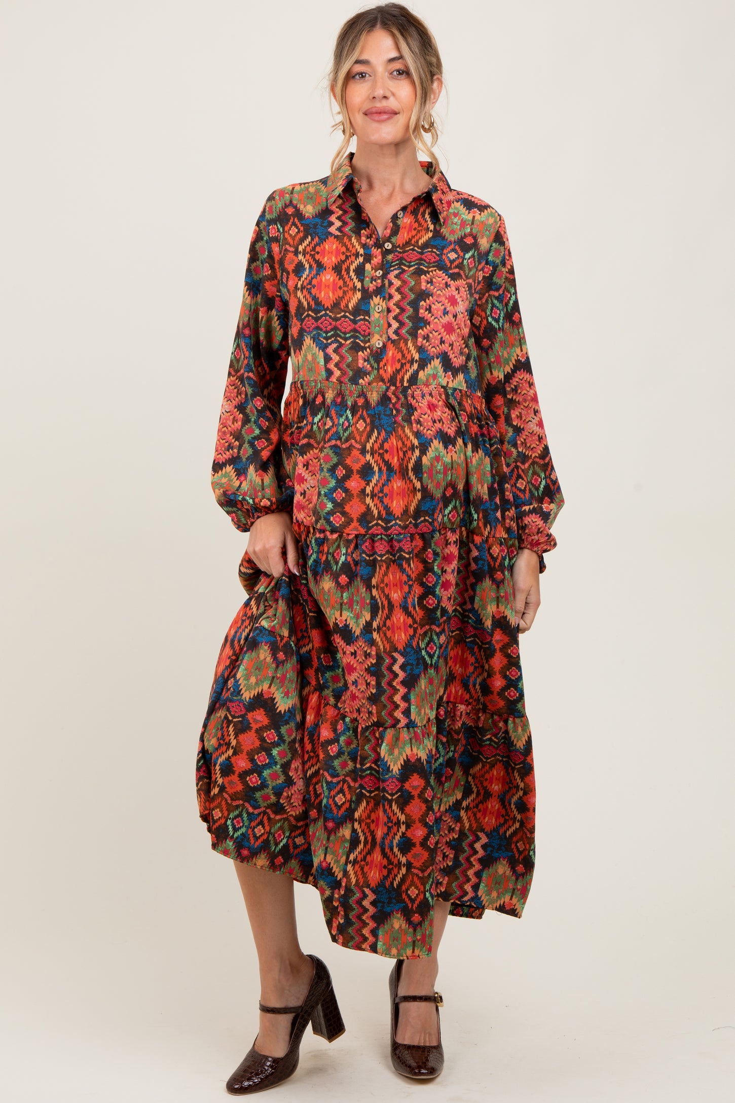 Black Printed Button Detail Tiered Maternity Midi Dress