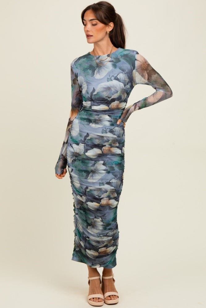 blue floral mesh dress Blue Floral Mesh Overlay Ruched Midi Dress