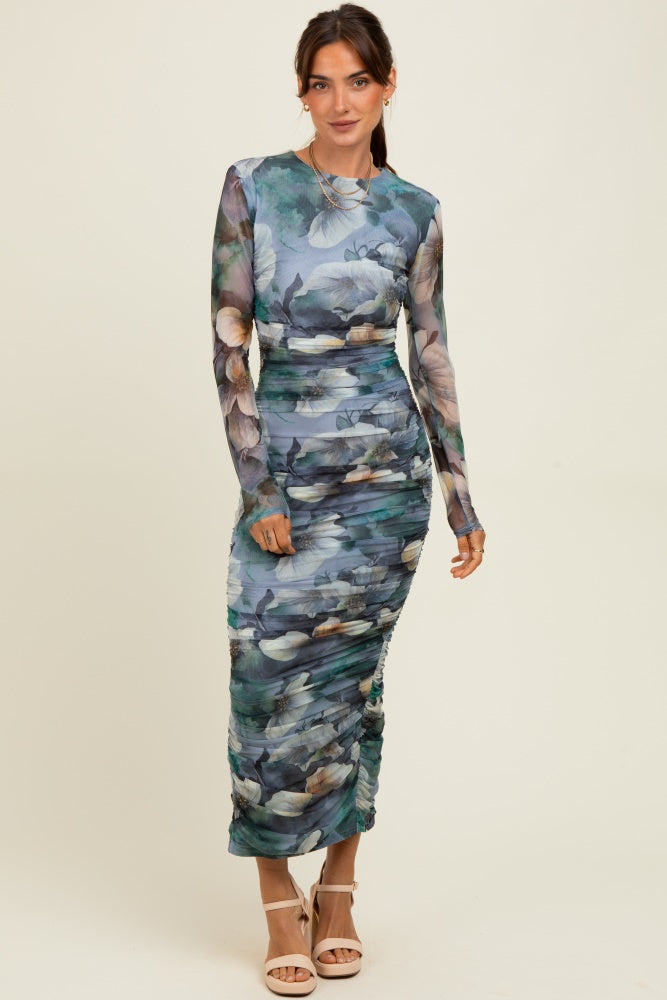 blue floral mesh dress Sevila Long Sleeve Mini Dress in Inky Blue Floral Mesh