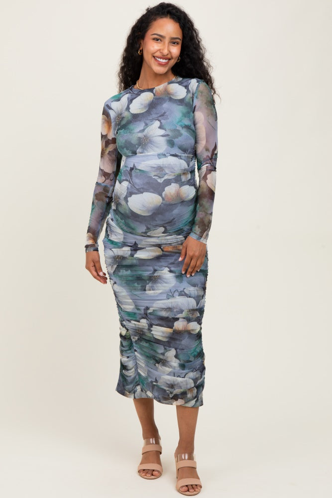 blue floral mesh dress Blue Floral Mesh Overlay Ruched Maternity Midi Dress