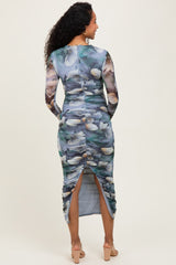 Blue Floral Mesh Overlay Ruched Maternity Midi Dress