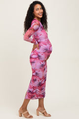Fuchsia Floral Mesh Overlay Ruched Maternity Midi Dress