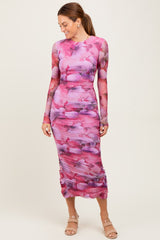 Fuchsia Floral Mesh Overlay Ruched Maternity Midi Dress