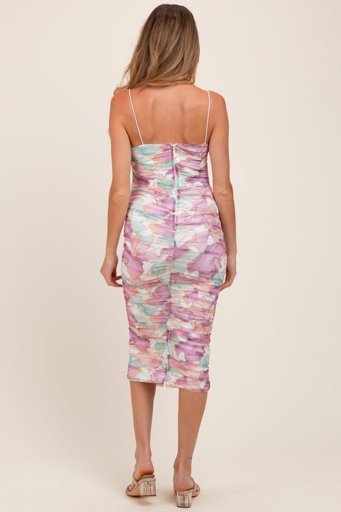 Mauve Floral Ruched Fitted Maternity Midi Dress