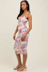 Mauve Floral Ruched Fitted Midi Dress