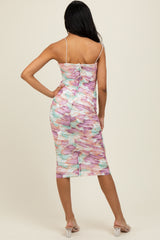 Mauve Floral Ruched Fitted Midi Dress