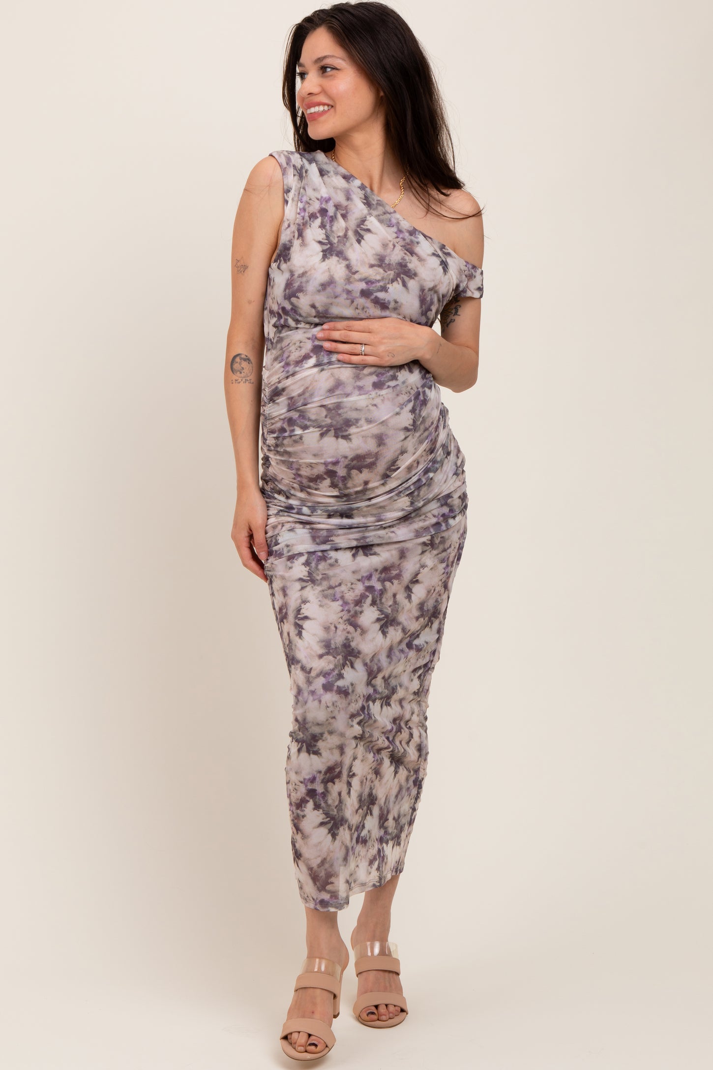 Purple Floral Ruched One Shoulder Maternity Midi Dress
