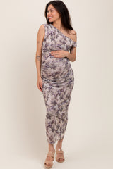 Purple Floral Ruched One Shoulder Maternity Midi Dress