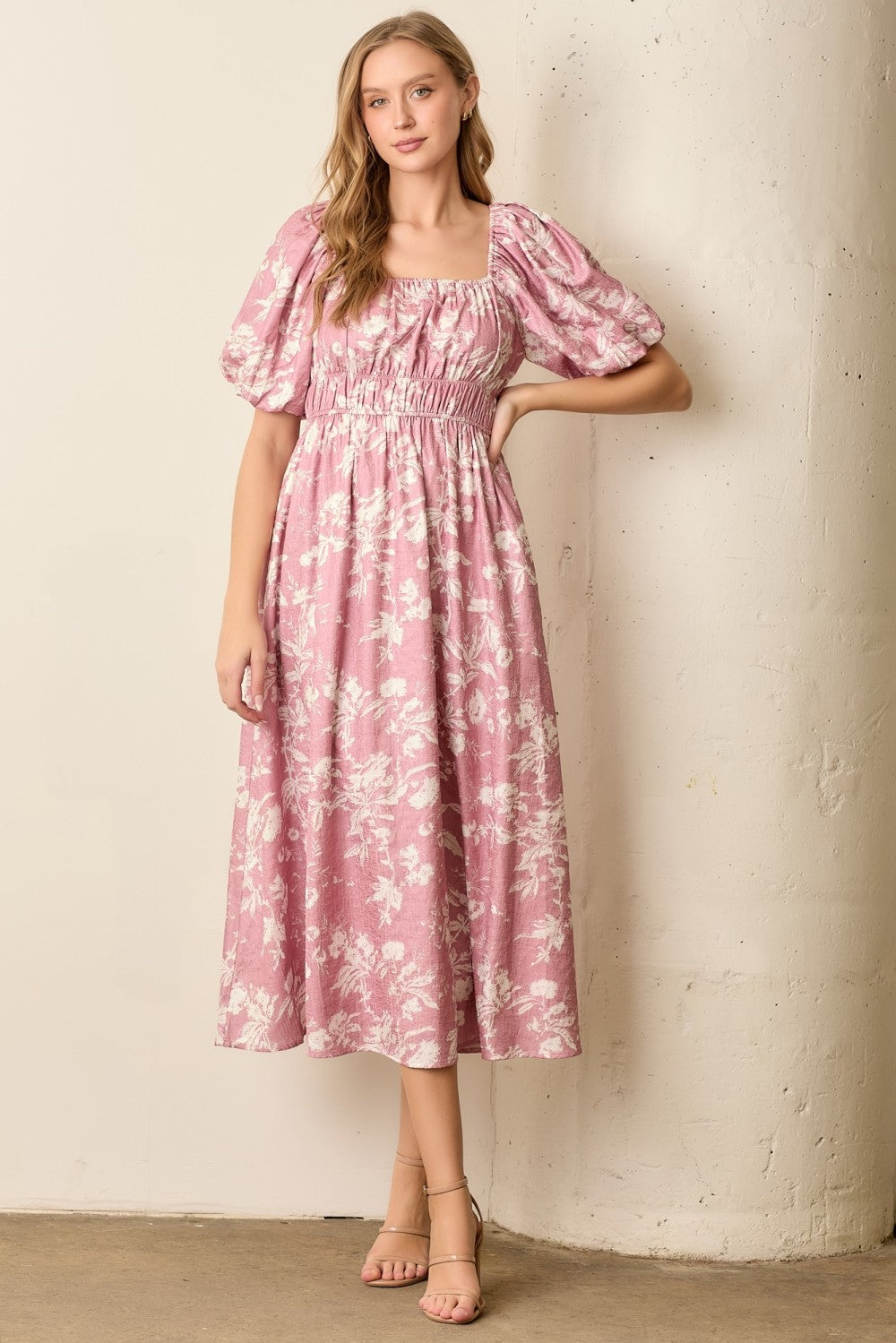 Pink Floral Puff Sleeve Smocked Waist Midi Dress