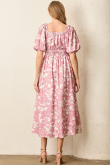 Pink Floral Puff Sleeve Smocked Waist Midi Dress