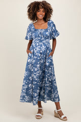 Light Navy Floral Puff Sleeve Smocked Waist Maternity Midi Dress