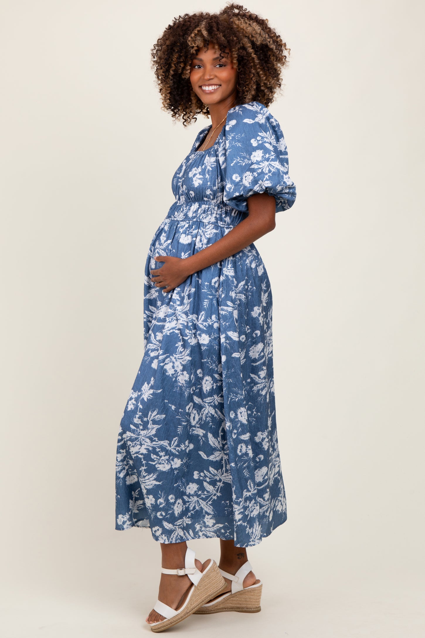 Light Navy Floral Puff Sleeve Smocked Waist Maternity Midi Dress PinkBlush Light Navy Floral Puff Sleeve Smocked Waist Maternity Midi Dress PinkBlush