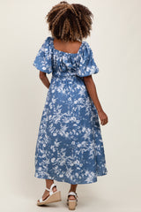 Light Navy Floral Puff Sleeve Smocked Waist Maternity Midi Dress