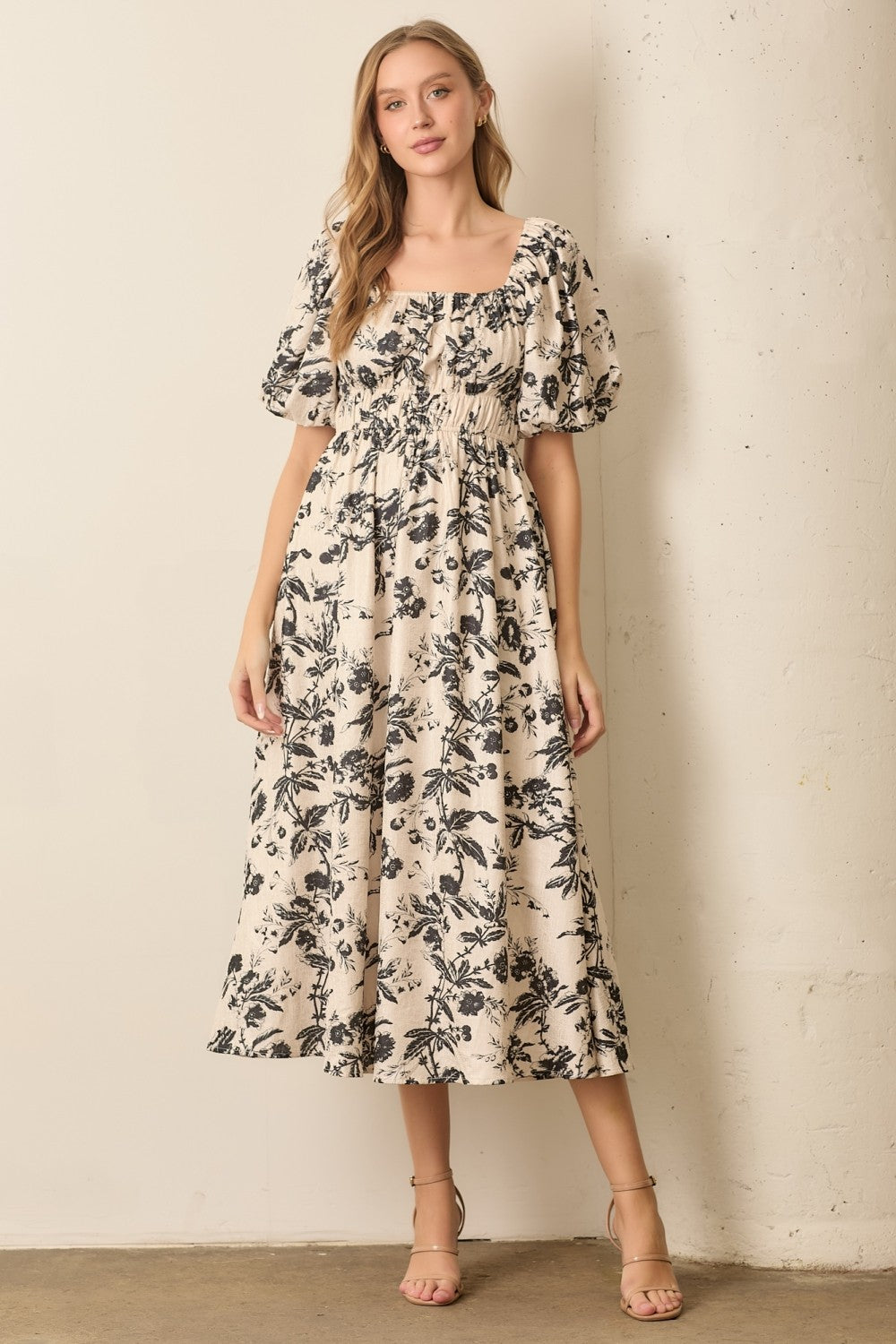 Cream Floral Puff Sleeve Smocked Waist Maternity Midi Dress