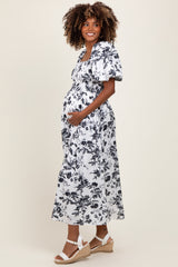 Cream Floral Puff Sleeve Smocked Waist Maternity Midi Dress