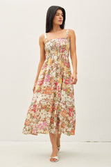 Mocha Floral Smocked Sleeveless Maternity Midi Dress