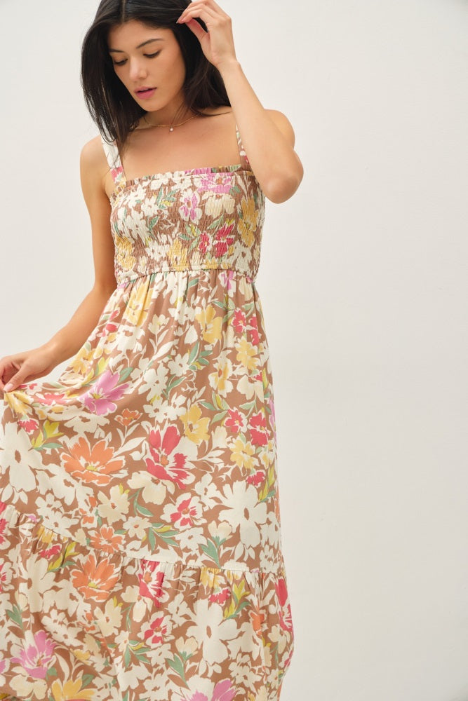 Mocha Floral Smocked Sleeveless Midi Dress