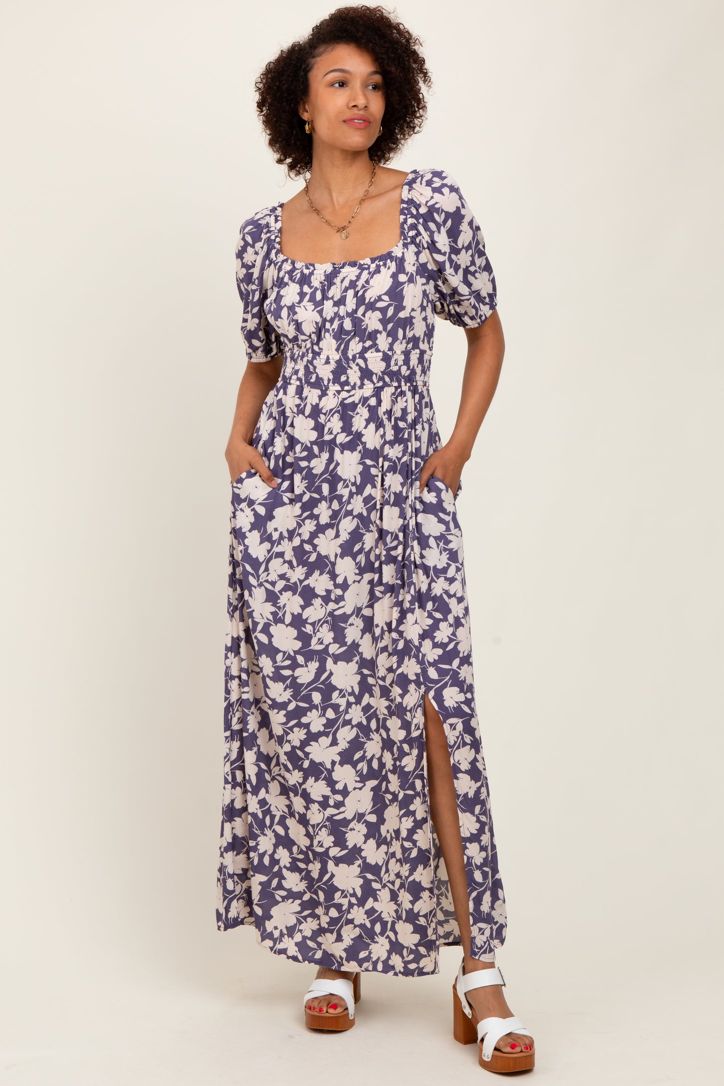 Periwinkle Smocked Waist Front Slit Maternity Maxi Dress