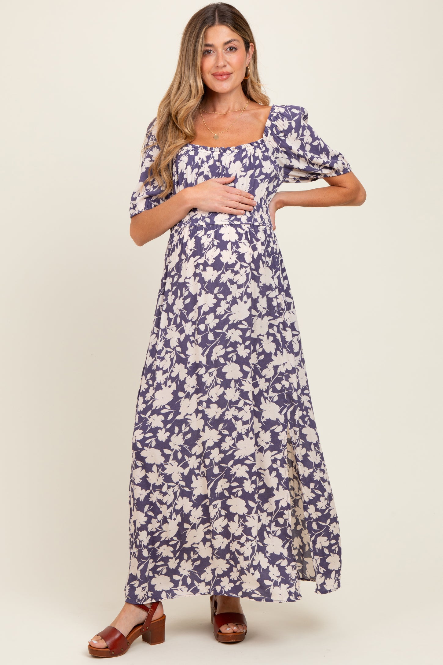 Periwinkle Smocked Waist Front Slit Maternity Maxi Dress