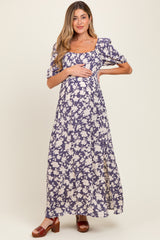 Periwinkle Smocked Waist Front Slit Maternity Maxi Dress