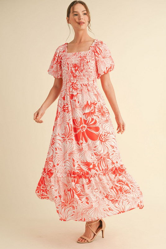 Coral Floral Print Smocked Bodice Maxi Dress PinkBlush Coral Floral Print Smocked Bodice Maxi Dress PinkBlush
