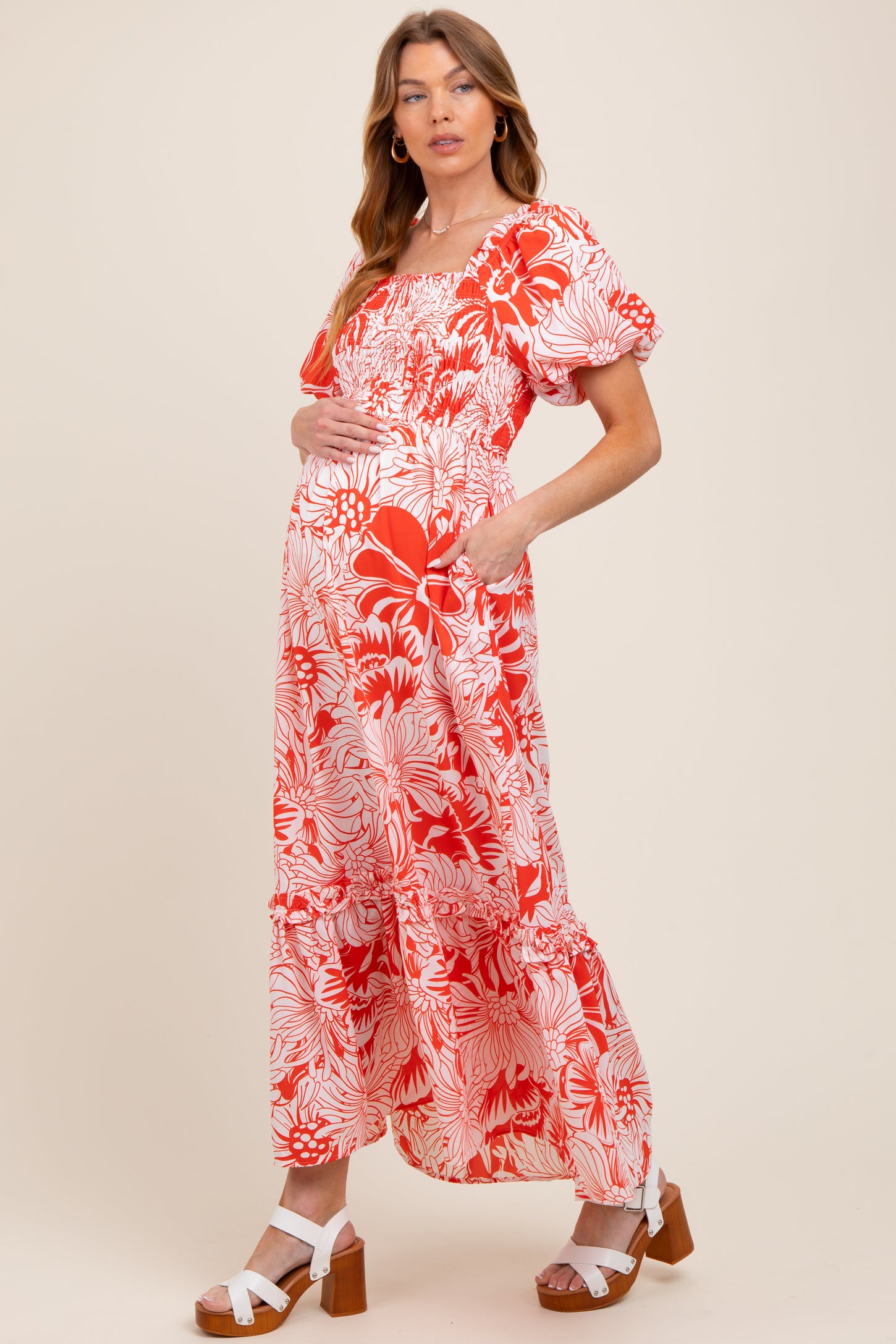 coral maxi dress maternity Coral Floral Smocked Off Shoulder Maternity Maxi Dress PinkBlush
