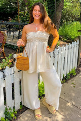 Beige Linen Ruched Strapless Tube Tunic Maternity Top