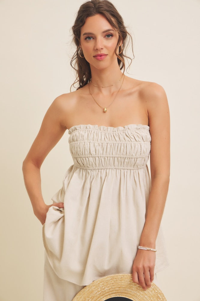 Beige Linen Ruched Strapless Tube Tunic Top PinkBlush Beige Linen Ruched Strapless Tube Tunic Top PinkBlush