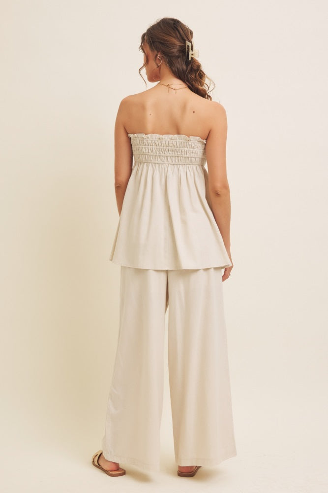 Beige Linen Ruched Strapless Tube Tunic Top