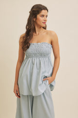Light Blue Linen Ruched Strapless Tube Tunic Top