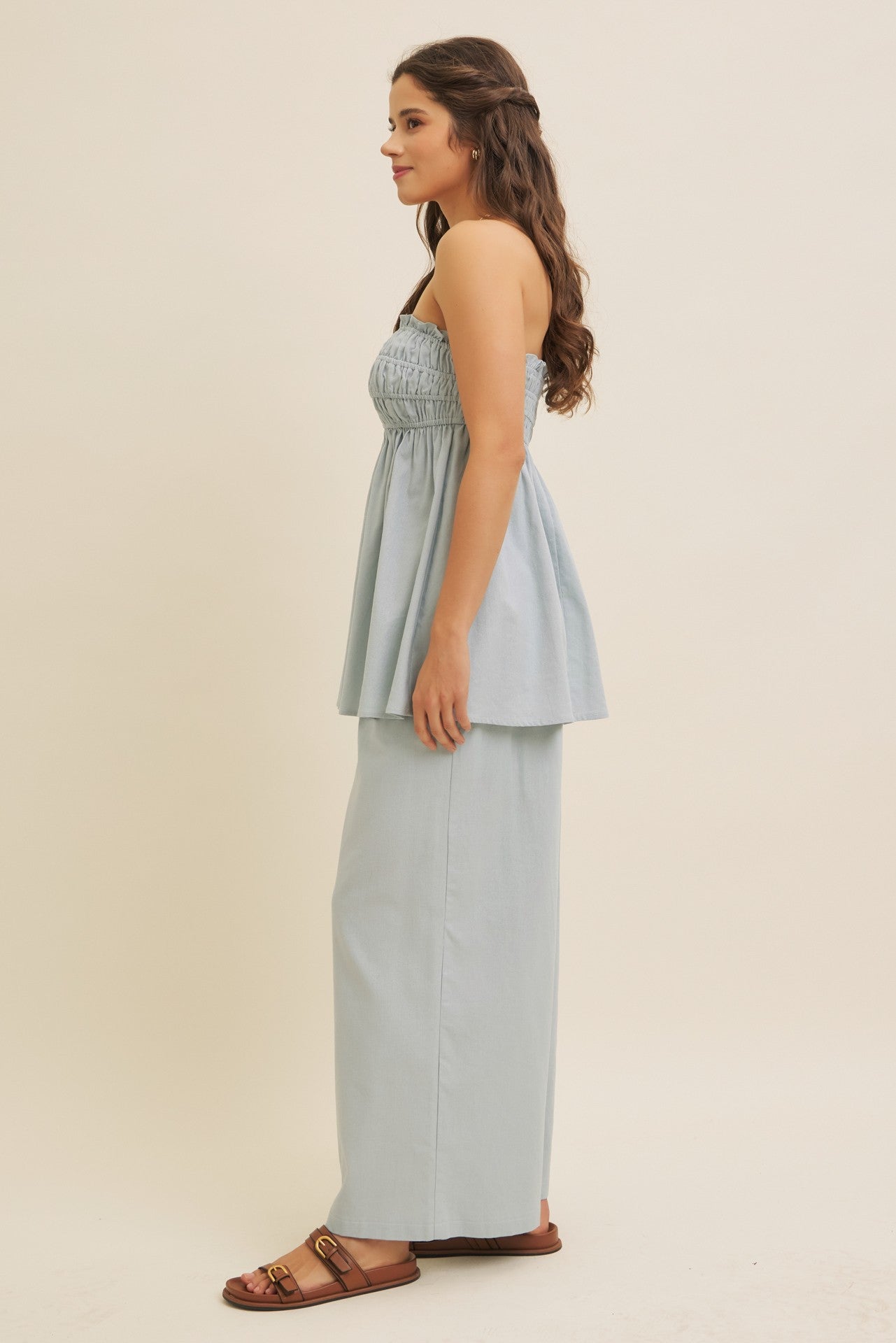 Light Blue Linen Ruched Strapless Tube Tunic Top