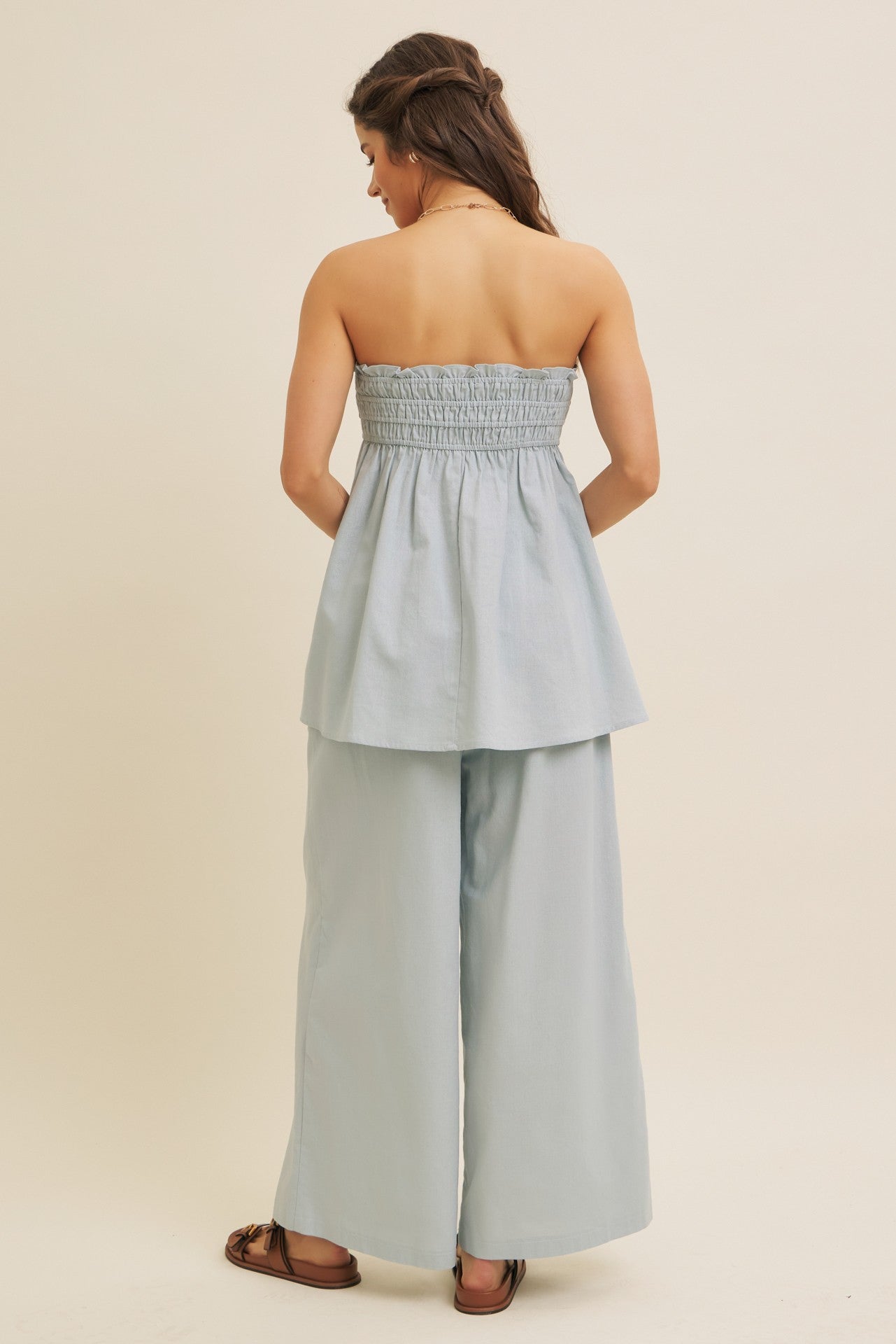 Light Blue Linen Ruched Strapless Tube Tunic Top